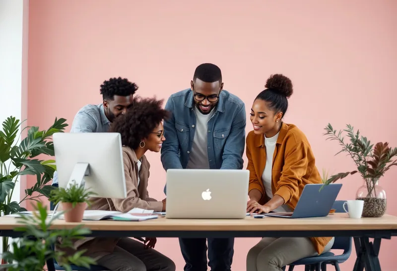 A team working together around a laptop in a bright office