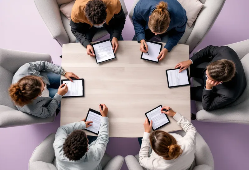 A team reviewing documents on tablets around a large table